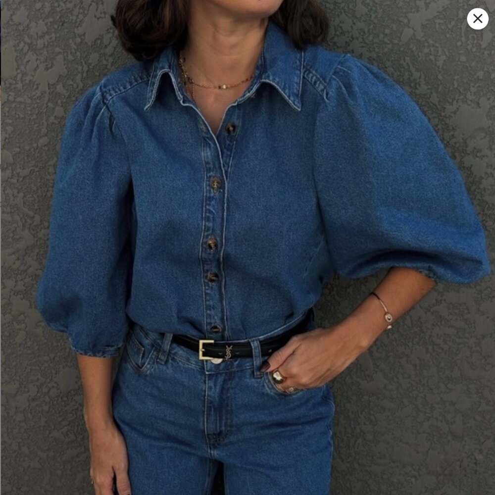 Zara ZW COLLECTION DENIM BLOUSE Puff sleeves Blue S M L NWT - Picture 4 of 15